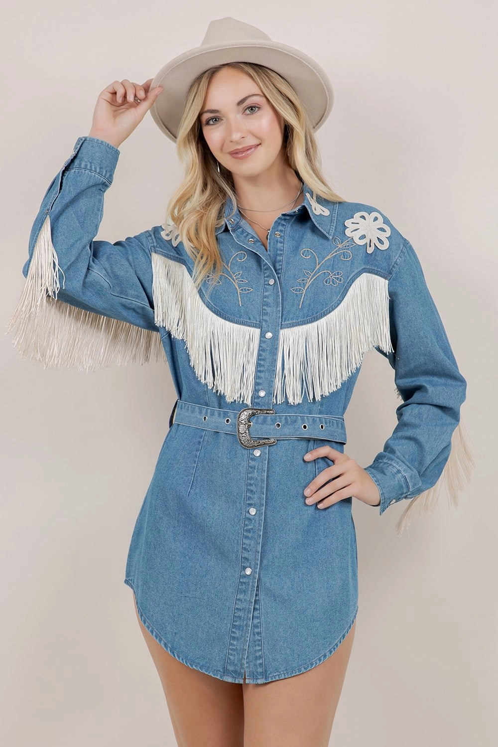 Floral and Fringe Denim Dress