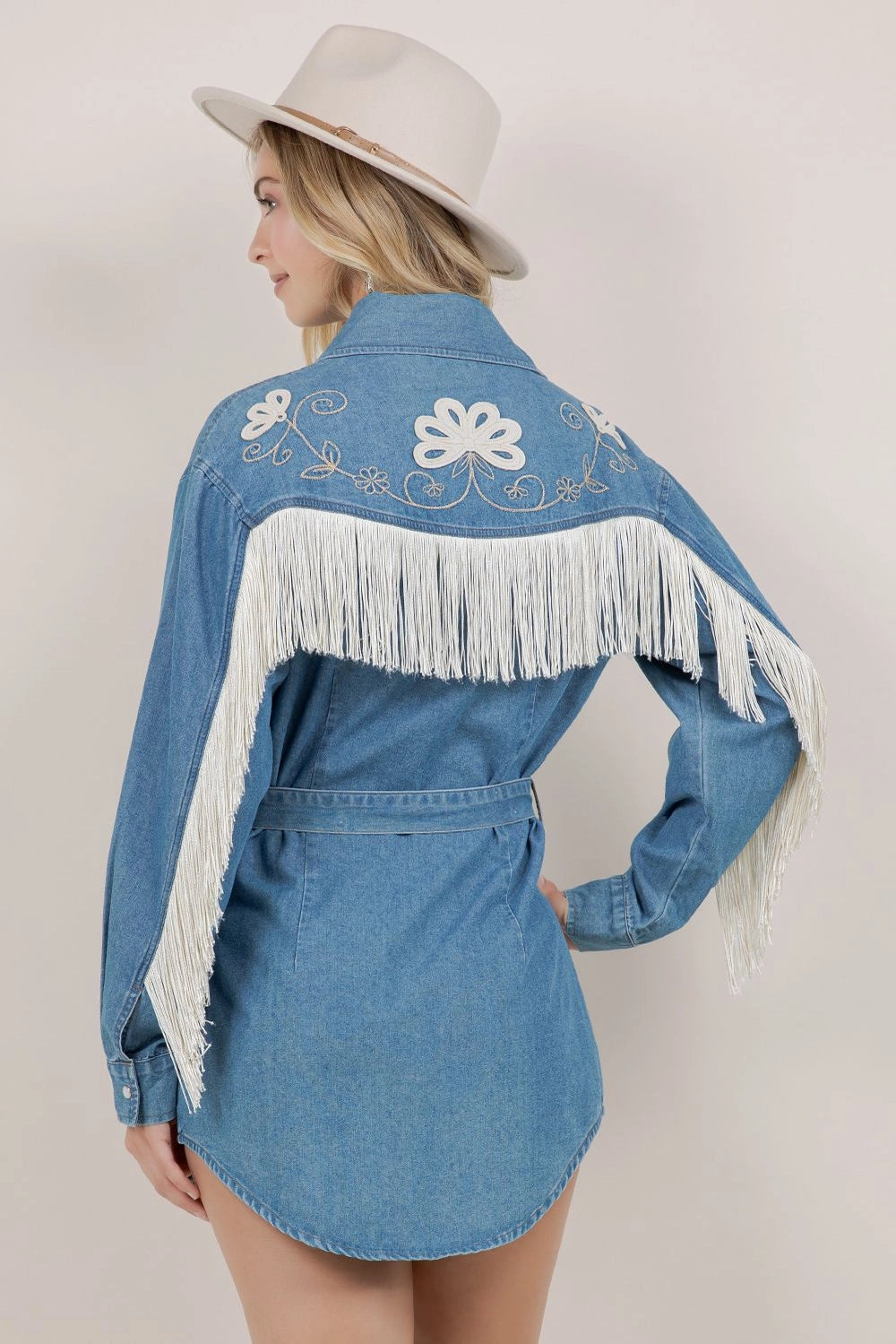 Floral and Fringe Denim Dress
