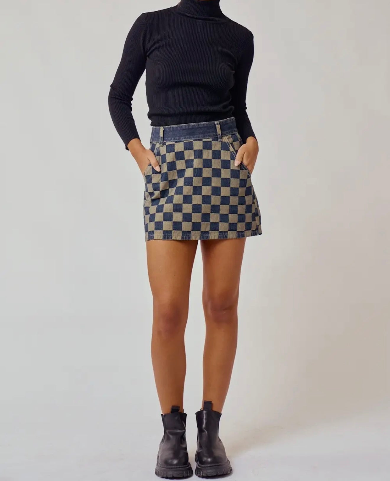 Checkered Denim Mini Skirt